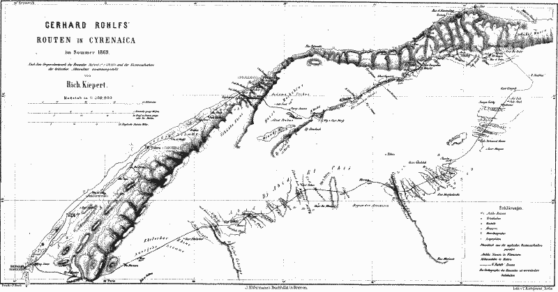 [Illustration: GERHARD ROHLFS' ROUTEN IN CYRENAICA im Sommer 1869. Nach dem Originalentwurfe des Reisenden Mastab c'a 1:150,000 und der Kstenaufnahme der britischen Admiralitt zusammengestellt von Rich. Kiepert. Mastab in 1:500,000.]