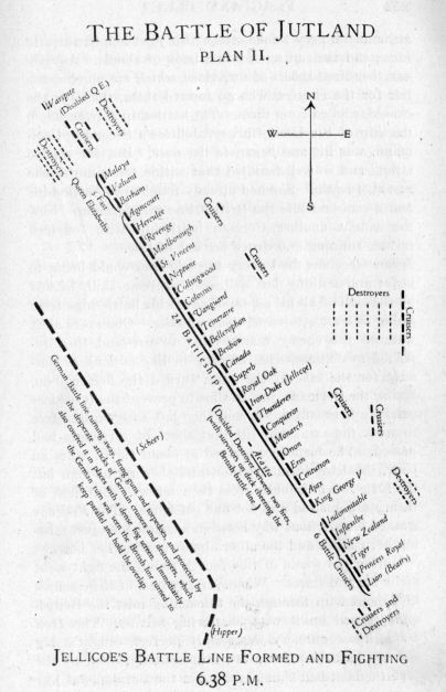 THE BATTLE OF JUTLAND--PLAN II.  Jellicoe's battle line formed and fighting.  6:38 P.M.