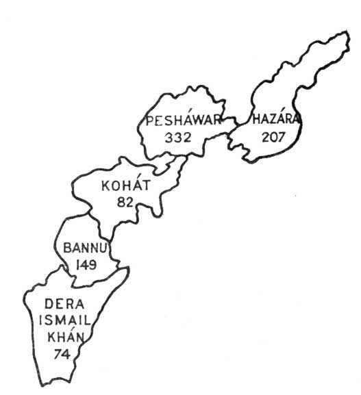 Fig. 29. Map showing density of population in N.W.F.
Province.