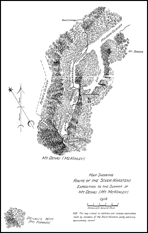 Map Showing Route of the Stuck-Karstens Expedition to the Summit of Mt.
Denali (Mt. McKinley) 1913.