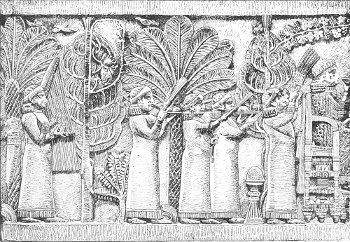 Fig. 27.—Feast of Assurbanipal; from Kouyundjik. British
Museum. Height 20¾ inches. No. 1, The servants of the feast.