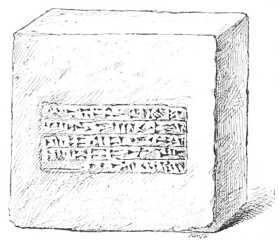 Fig. 32.—Babylonian brick; from the Louvre. 16 inches
square on face, and 4 inches thick.