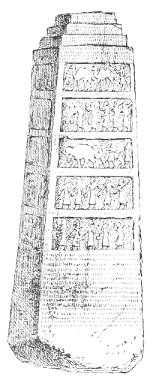 Fig. 111.—The obelisk of Shalmaneser II. in the British
Museum. Height 78 inches. Drawn by Bourgoin.