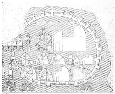 Fig. 156.—Plan, section, and elevation of a fortified city;
from Layard.