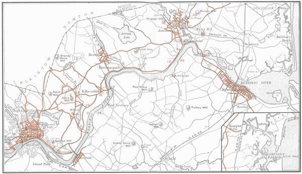 MAP OF WHITTIER-LAND

KEY:—


1. The Whittier Birthplace.
2. Joshua Coffin's School, in house now occupied by Thomas Guild.
Scene of poem "To My Old Schoolmaster."
3. Site of District School. Scene of "In School Days."
4. Job's Hill.
5. East Haverhill Church.
6. Cemetery referred to in "The Old Burying Ground."
7. The Sycamores.
8. Ramoth Hill.
9. Hunting Hill.
10. Grave of the Countess.
11. Country Bridge.
12. Site of Thomas Whittier's Log House.
13. Birchy Meadow, where Whittier taught school.
14. Home of Sarah Greenleaf.
15. Home of Dr. Elias Weld and of the Countess, Rocks Village.
16. "Old Garrison," the Peaslee House.
17. Rocks Bridge.
18. Curson's Mill, Artichoke River.
19. Pleasant Valley.
20. The Laurels.
21. Site of "Goody" Martin's House.
22. Whittier Burial Lot, Union Cemetery.
23. Macy House.
24. The Captain's Well.
25. Friends' Meeting-House, Amesbury.
26. Whittier Home, Amesbury.
27. Hawkswood.
28. Deer Island, Chain Bridge, home of Mrs. Spofford.
29. Rocky Hill Church.
30. The Fountain, Mundy Hill.
31. House at Hampton Falls, where Whittier died.
32. Scene of "The Wreck of Rivermouth."
33. Boar's Head.


