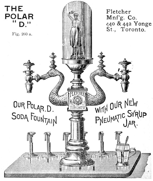 Our Polar. D. Soda Fountain With Our New Pneumatic Syrup Jar. THE POLAR D. Fig. 260 a. Fletcher Mnf'g. Co., 440 & 442 Yonge St., Toronto.