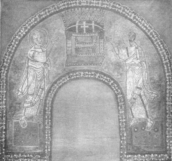 MOSAIC OF SS. PETER AND PAUL POINTING TO A THRONE, ON GOLD
 BACKGROUND