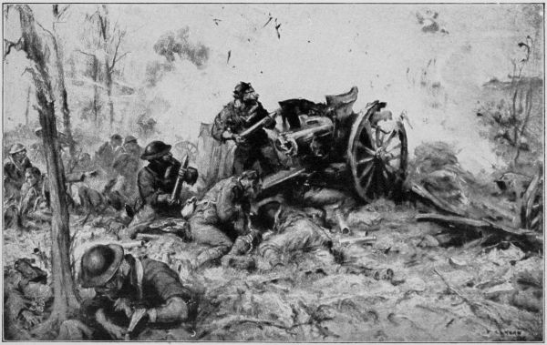 From a painting by F. C. Yohn.

The battle of Seicheprey.

"All through the night the artillerymen sent their shells, encasing
themselves in gas masks." (Page 225)