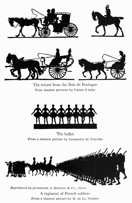 The return from the Bois de Boulogne
Four shadow pictures by Caran d'Ache

The ballet
From a shadow picture by Lemercier de Neuville
Reproduced by permission of Hachette & Co., Paris

A regiment of French soldiers
From a shadow picture by R. de La Nzire