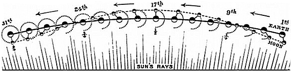 Fig. 2.

Diagram showing the moon's course during one month. The moon and the
earth are both moving onwards in the direction of the arrows. The earth
moves along the dark line, the moon along the interrupted line --. The
dotted curved line .... shows the circle gradually described by the moon
round the earth as they move onwards.