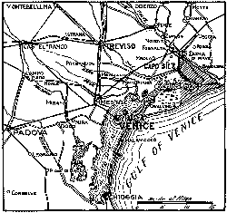 MAP SHOWING LAGOONS AND MARSHES BETWEEN VENICE AND THE
PIAVE, WHERE THE ITALIAN NAVY IS HELPING TO HOLD BACK THE INVADERS