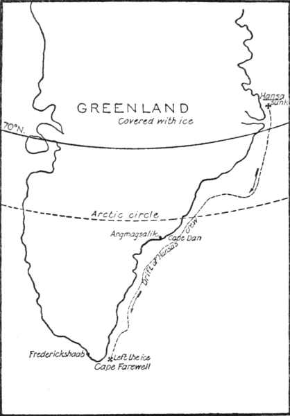 Drift of the Hansa's crew along the coast of southeastern Greenland.