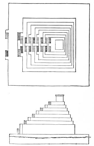 Fig. 41.—Plan and Elevation of the Temple at Borsippa.
(From Oppert’s Measurements.)