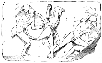 Fig. 225.—Fragment of the Frieze from the Mausoleum of
Halicarnassos.