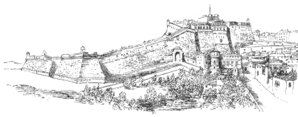 FORTRESS OF PAUL III. SHOWING THE UPPER PART NOW OCCUPIED
BY THE PREFETTURA, ETC., AND THE LOWER WING WHICH COVERED THE SITE OF
THE PRESENT PIAZZA D’ARMI

(From a water-colour sketch now in the possession of Madame Brufani at
Perugia.)