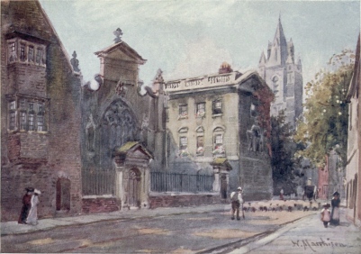 PETERHOUSE FROM THE STREET

The Tower of the Congregational Church in the distance.