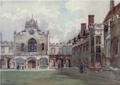 PETERHOUSE—THE FIRST COURT

The entrance to the chapel faces the spectator. On the right is seen the
Combination Room (1460) and the Hall. Through the Cloisters we get a
view into the street. This is the oldest college in Cambridge.