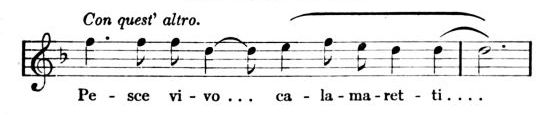 [Musical notation: Pe-scevi-vo ... ca-la-ma-ret-ti ....]