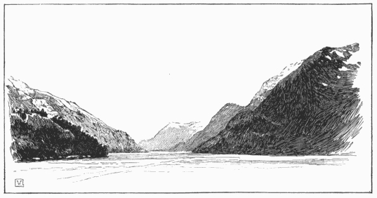 Looking west from Fortescue Bay, where the Spray was
chased by Indians. (From a photograph.)