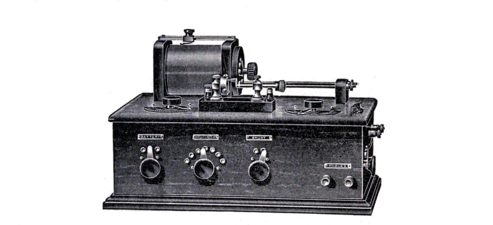 Fig. 149. Complete Receiving Outfit Consisting of Receiving Transformer, Detector, Fixed Condenser, Loading Coil, Two Variable Condensers, Potentiometer, Battery, Switches, etc.