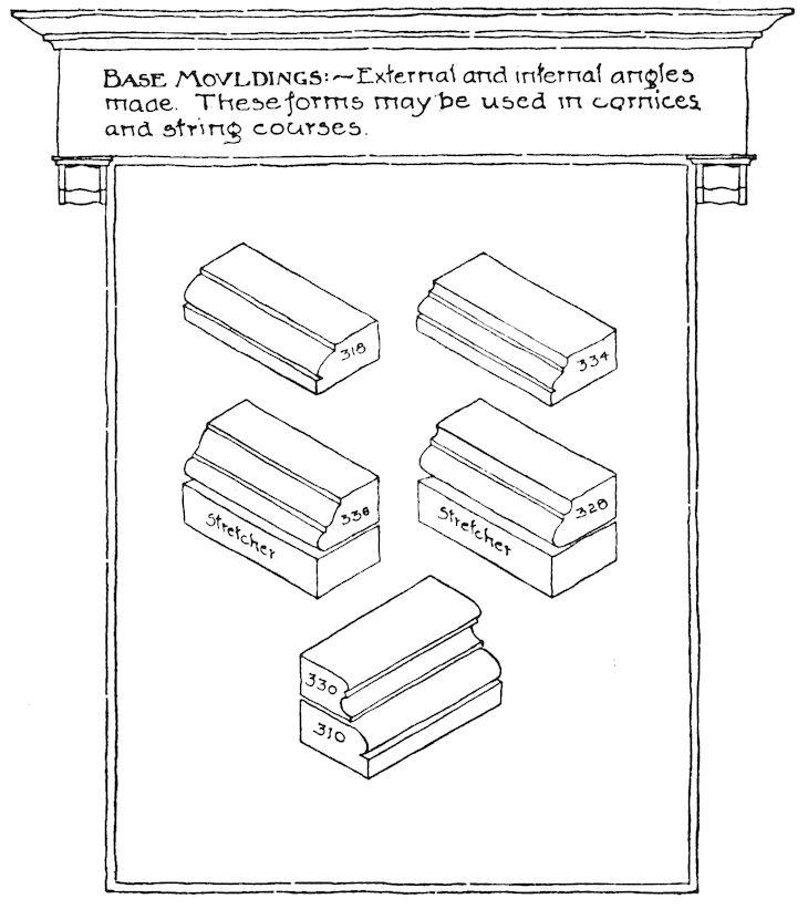 BASE MOULDINGS:—External and internal angles made. These forms maybe used in cornices and string courses.