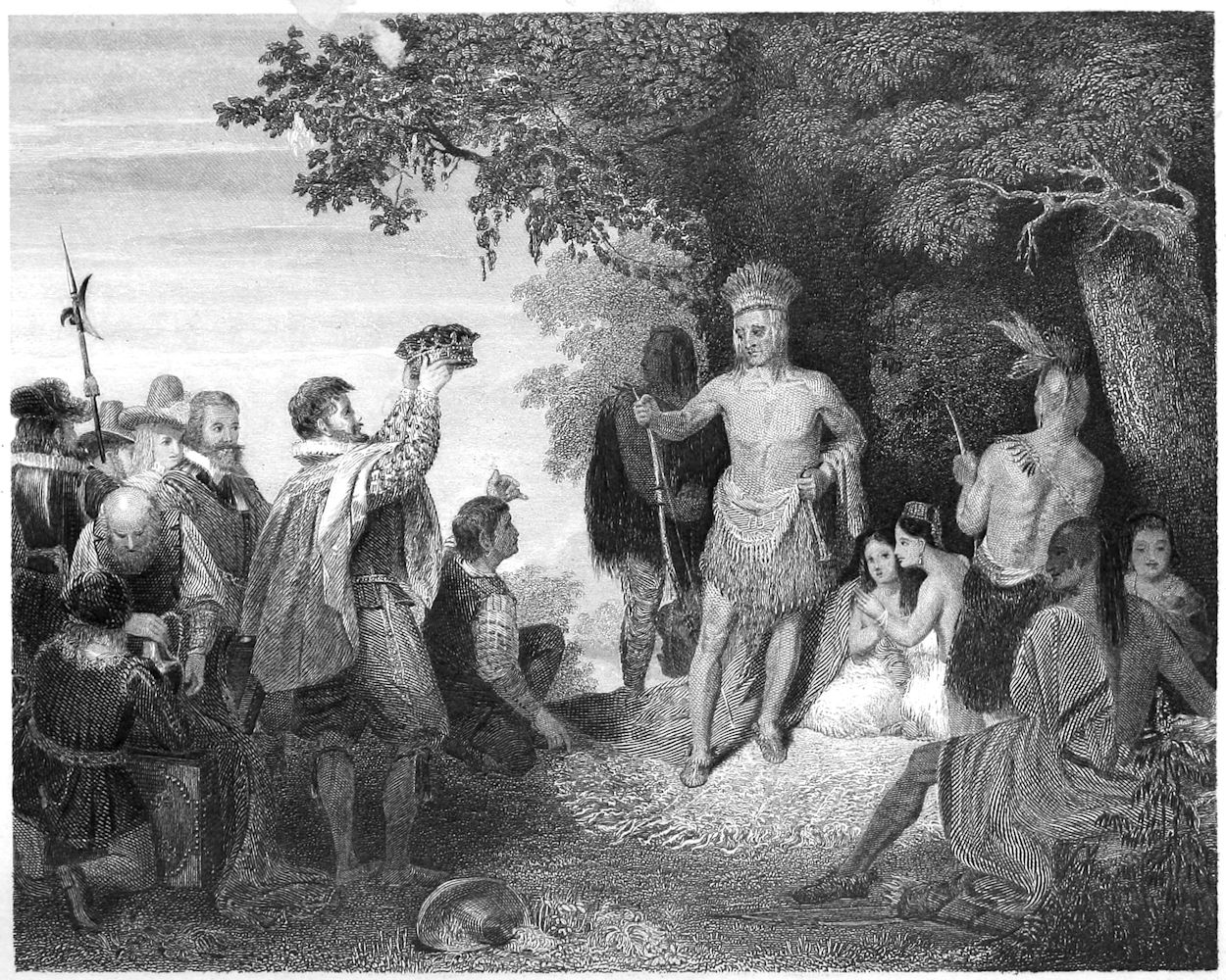 a man holds a crown toward Powhatan