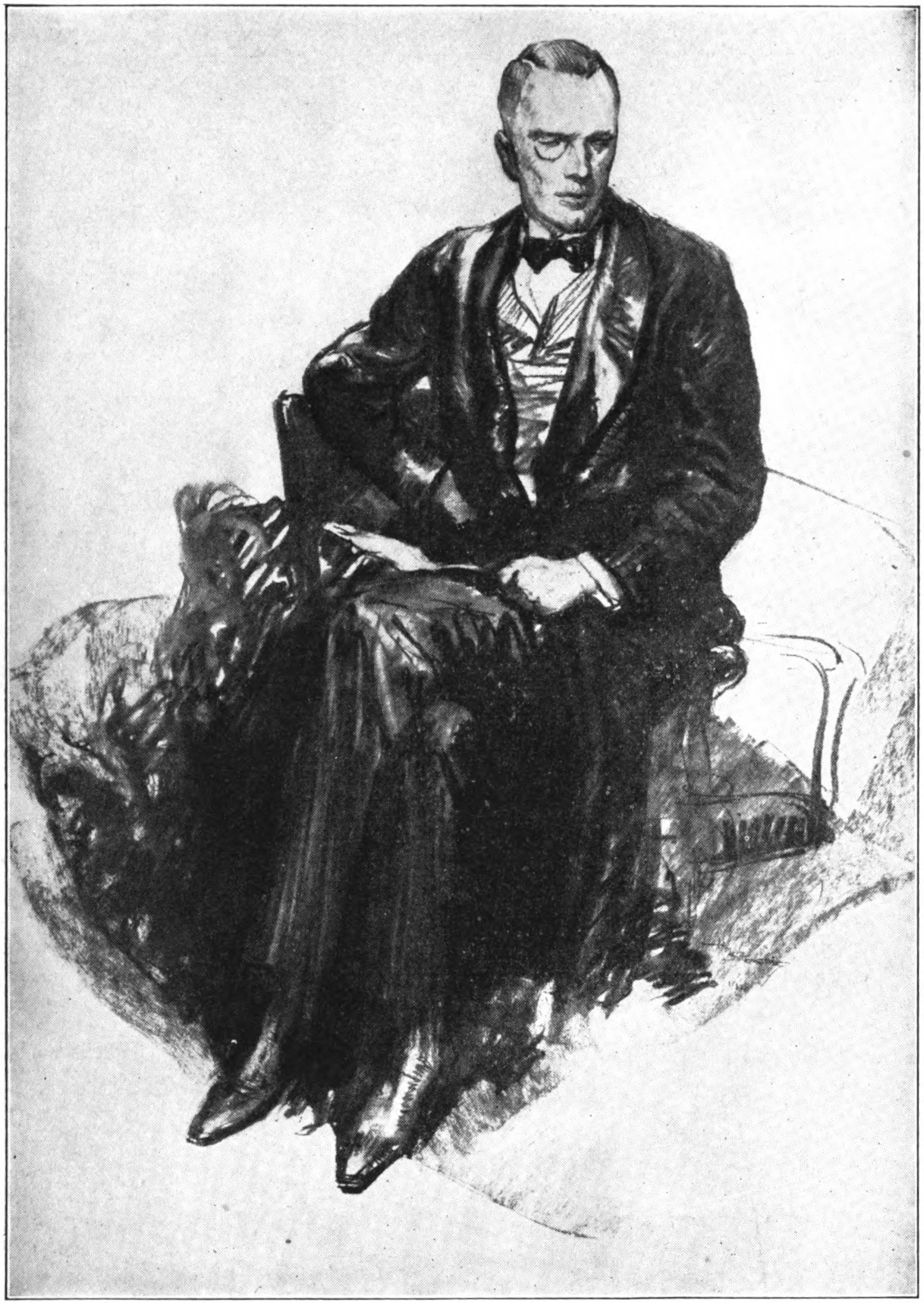 A sketch of a seated
    gentleman in evening dress and wearing an monocle.