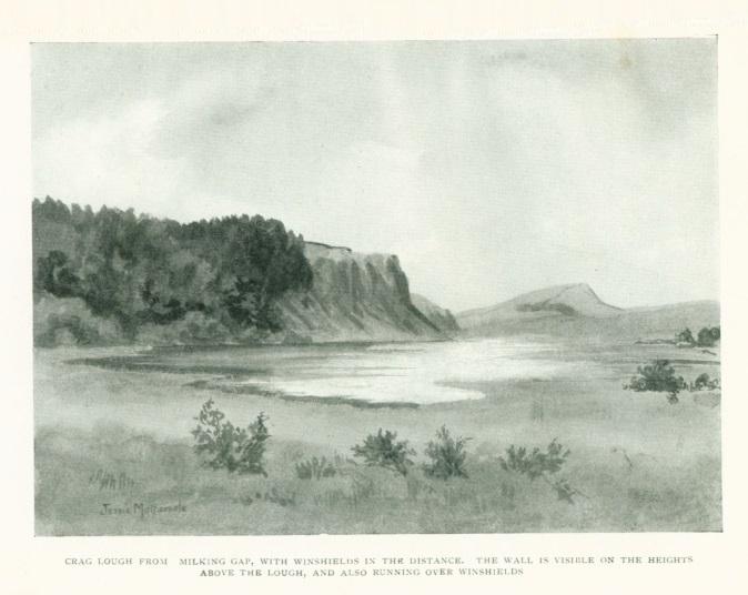 CRAG LOUGH FROM MILKING GAP, WITH WINSHIELDS IN THE DISTANCE. THE WALL IS VISIBLE ON THE HEIGHTS ABOVE THE LOUGH, AND ALSO RUNNING OVER WINSHIELDS.