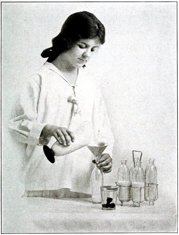 A woman using a funnel to fill
bottles