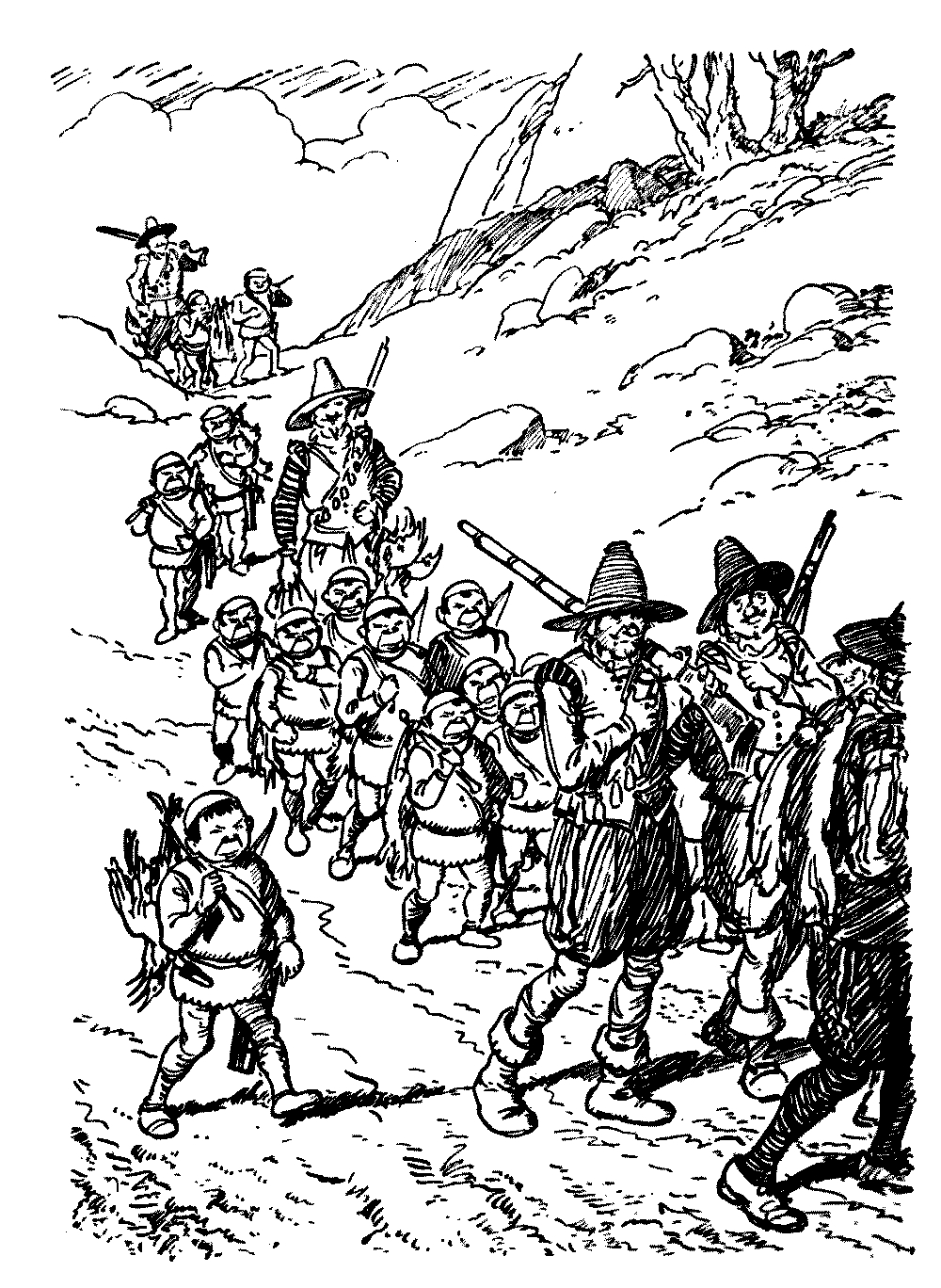 A drawing of several human beings and snergs walking down
a valley.