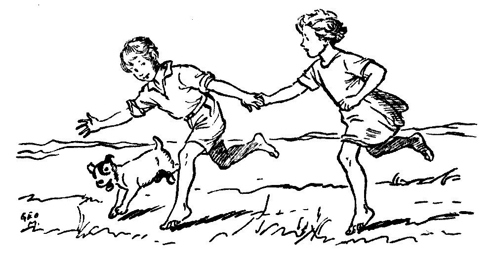 A drawing of a boy a girl running while holding hans, with a dog
to the right of the boy.