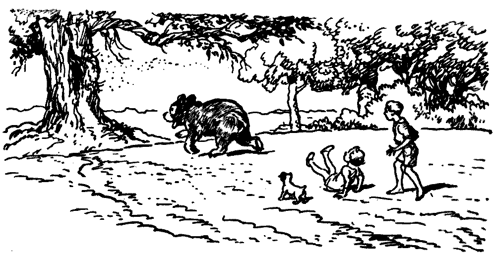 A drawing of a boy a girl watching as a bear walks away, the boy has
fallen to the ground and is next to a dog.