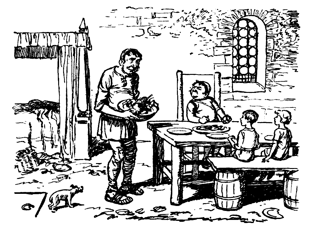 A drawing of two children and a snerg sitting at a table
waiting for a man to serve them a meal.