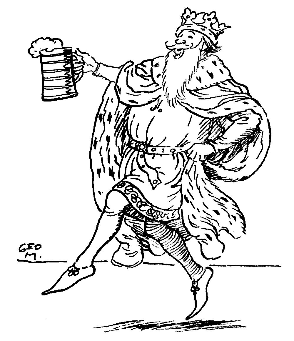 A drawing of a happy king, dacing and holding a mug.