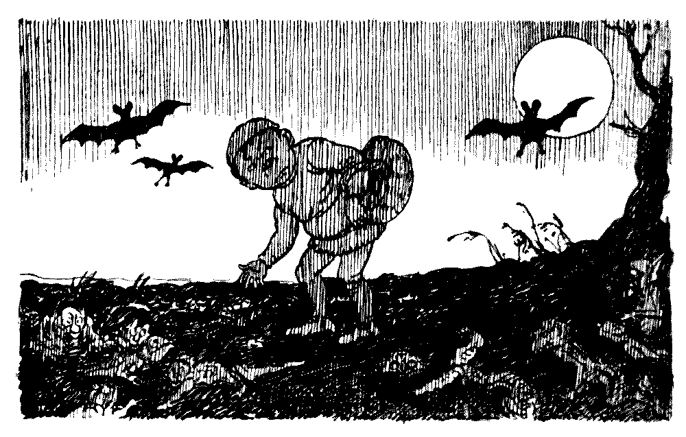 A drawing of a snerg gathering mandrakes while bats fly over him.