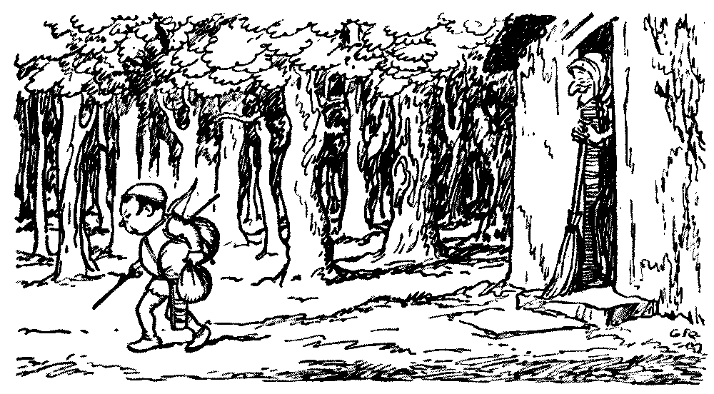 A drawing of a snerg walking away from a cottage into a forest.