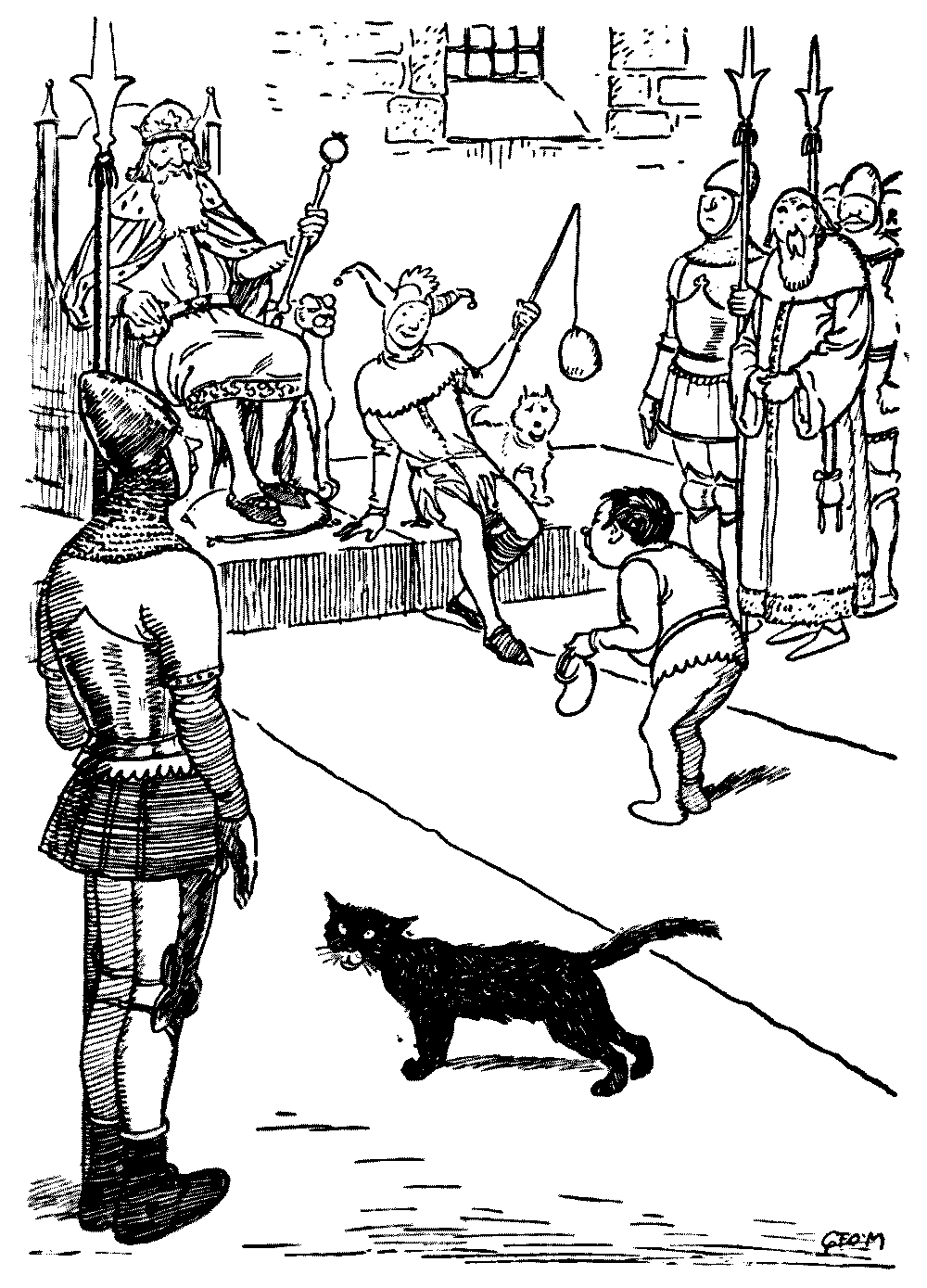 A drawing of a snerg in front of a king, jester and courtiers.