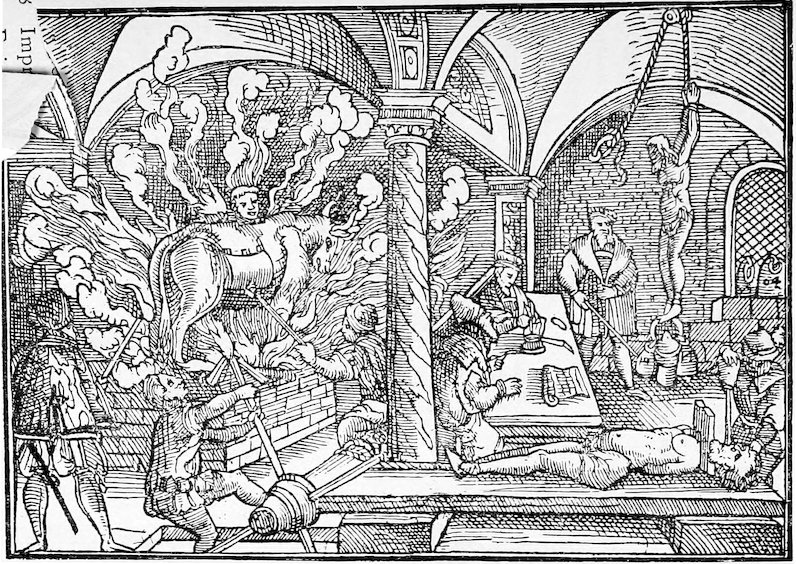 A historical black-and-white woodcut split into two indoor scenes of torture. On the left, a person is trapped inside a hollow bronze bull (the Brazen Bull) over a raging fire, with smoke billowing out. On the right, judicial scribes sit at a table while another prisoner is subjected to strappado (hanging by bound arms) and another lies on a rack.