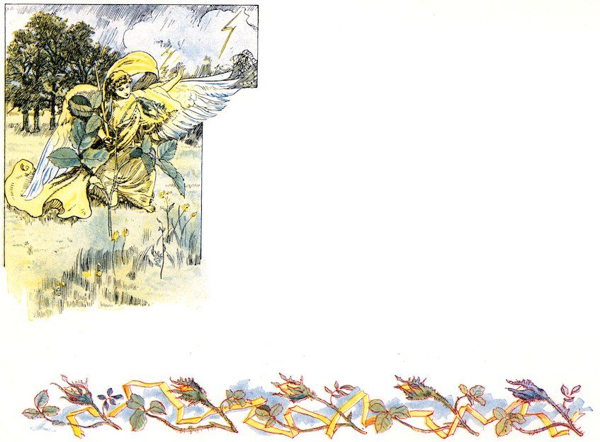 Story page illustration showing a winged angel standing in a storm next to a tall rose plant, with a decorative floral border at the bottom.