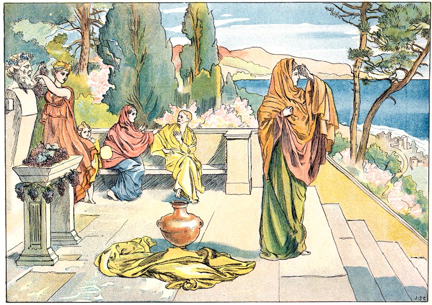 Illustration of a classical terrace overlooking the sea, featuring a woman in an veil shielding her eyes while others sit by a vine-draped statue.