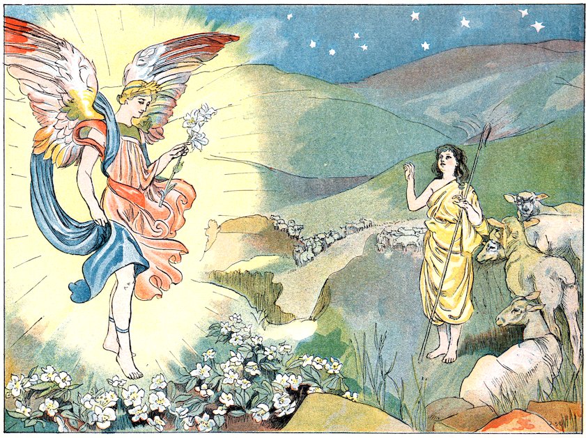 Color illustration of a radiant, winged angel holding white lilies and appearing to a young shepherd with a flock of sheep under a starry night sky.