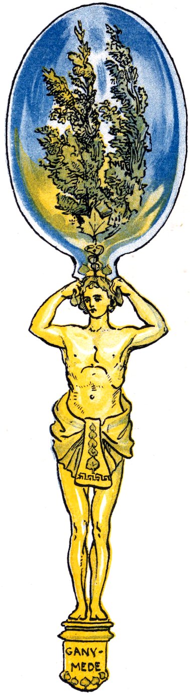 Color illustration of an ornate golden spoon handle shaped like the figure Ganymede, supporting a large blue spoon bowl that contains a reflection of green trees.