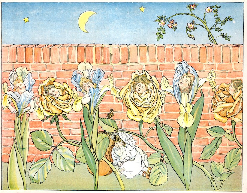 A symmetrical, endpaper design featuring a repeating Art Nouveau grid pattern of stylized blue irises and yellow roses on a muted olive green background.