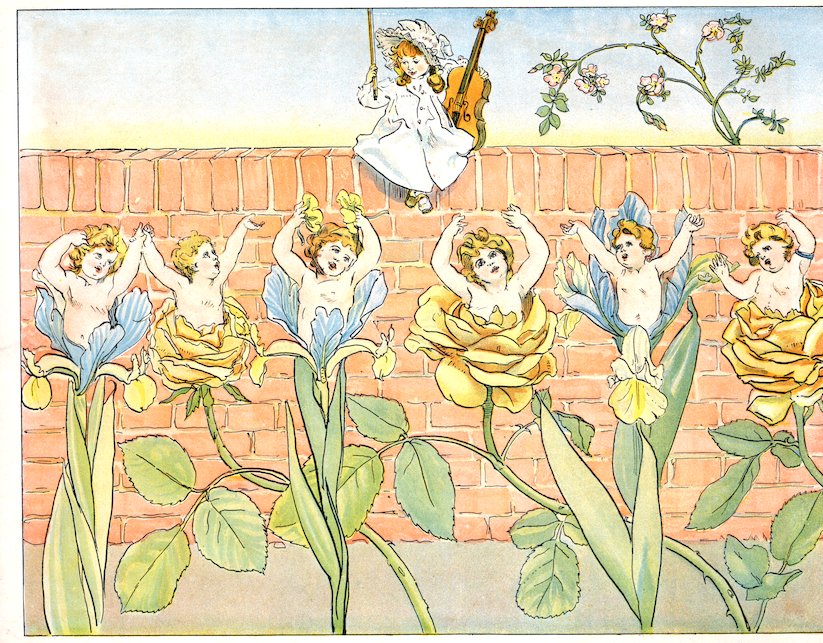Flyleaf: Color illustration of six joyful, naked child figures emerging from the centers of blooming iris and yellow rose flowers, dancing below a brick wall where a young girl sits playing a violin.