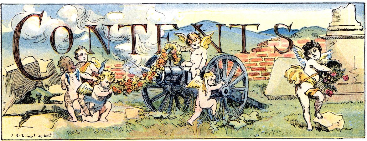 Illustrated 'Contents' banner showing winged cherubs packing and decorating an old cannon with ropes of flowers amidst ancient ruins.