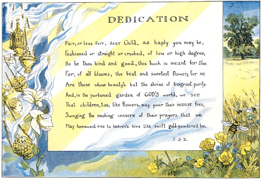 Illustrated dedication page featuring a poem surrounded by hanging incense censers with white lilies on the left and bumblebees in a meadow on the right.