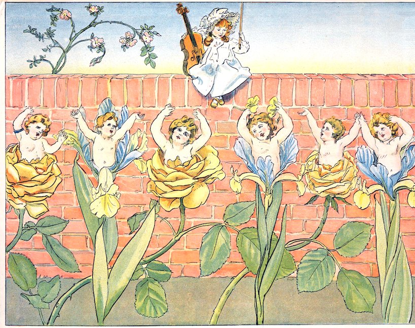 Endpaper: Illustration of a girl playing a cello on a brick wall while flower fairies dance below inside roses and irises.