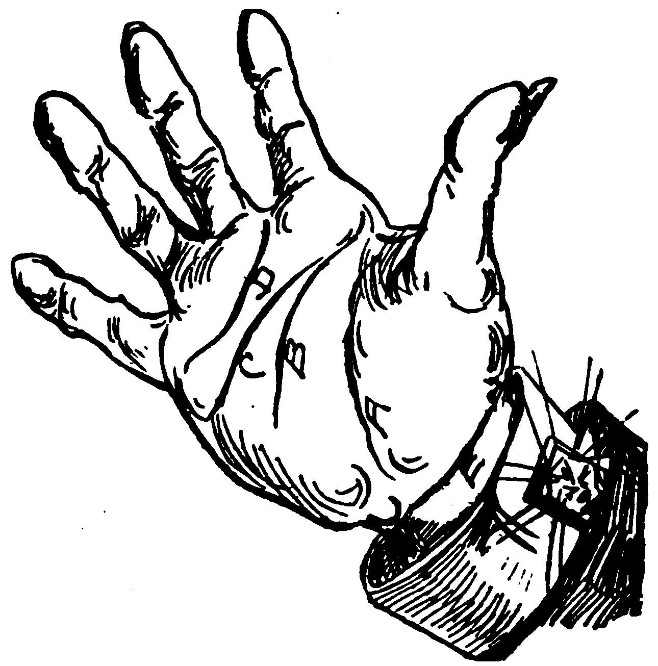 A black-and-white ink illustration of an open, upturned human right hand, shown from the wrist up. The palm lines are prominently detailed and labeled with small letters "A", "B", "C", "D", and "E". The wrist features a gathered shirt cuff with a distinct, square cufflink.