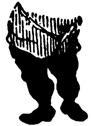 A high-contrast, black-and-white ink illustration showing the lower half of an actor. The figure wears dark, heavily silhouetted breeches or baggy trousers tucked into shoes, while the upper portion features a distinct, vertically striped pattern .