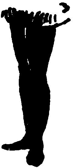 A high-contrast black silhouette showing the lower body and legs of a figure facing left.